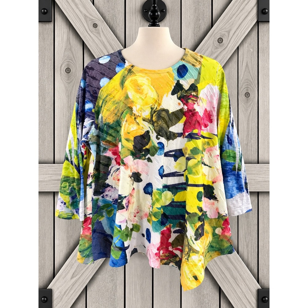 Jess & Jane Tunic Top XL Multicolor Floral Burnout Art to Wear Asymmetrical Hem